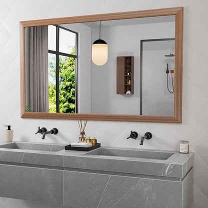 Amorho Bathroom Mirror, 60 X36 Inch Wall Mirror, Walnut Wood Grain Metal Framed by Amorho