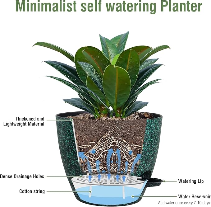 12 inch Large Self Watering Pots for Indoor Outdoor Plants, Flower Plant Pots with Mesh Drainage Holes for Garden House Plants, Plastic Planters for Home Plants, Black with Green Speckles