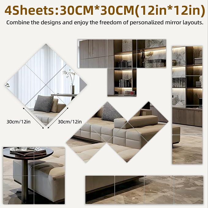 Stick on Small Mirror for Wall Decor, 4 Pack 11.7”x11.7” Acrylic Mirror Tiles - Image 2