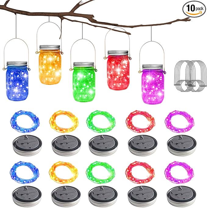 10 Pack 30 LED Solar Mason Jar Lid String Lights,Fairy Lights String Lids Lights Including 10 Pcs Hangers,for Indoor Outdoor Wedding Patio Garden Party Decorations Gift(No Jars) (5 Colors)