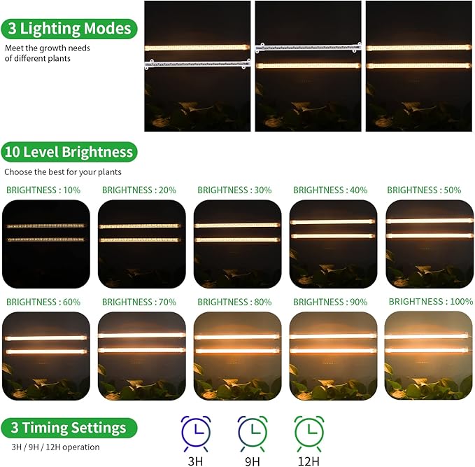 Two Strip Growing Lamp 2-Pack for Indoor Plants, 3000K Full Spectrum LED Grow Light Strips with Auto ON/Off 3/9/12H Timer & 10 Dimmable Levels for Green House Succulent (2 Head×2pcs)