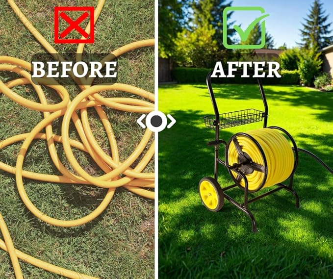 Heavy Duty Hose Cart with Wheels – Garden Hose Holder, Hose Reels for Outside, Metal Hose Reel Cart, 200ft Capacity