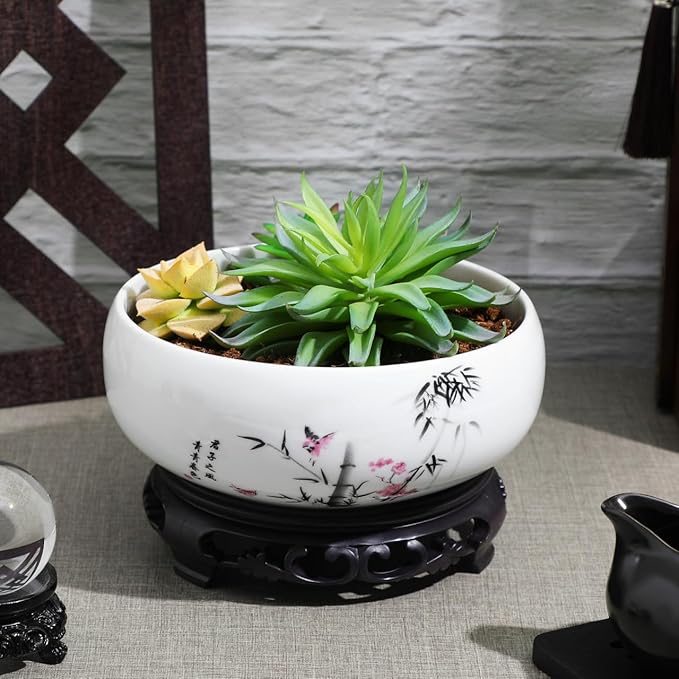 Ceramic Chinese Pot with Base Hydroponic Pot White Water Lily Bowl Ceramic Planter for Home Office Garden 7 Inch