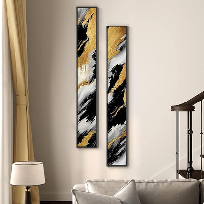 Framed Long Narrow Vertical Abstract Wall Art Set, 2 Piece Black White Gold - Image 2