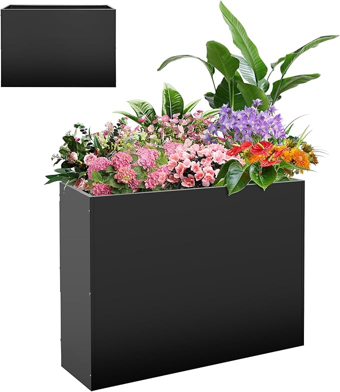 Metal Rectangular Planter Box, Large Planter Boxes Outdoor, 37''L x 13''W x 26''H Heavy Duty Plant Box with Removable Insert Shelf, 3 Tier Adjustable Height Tall Garden Planter for Plants, Flowers