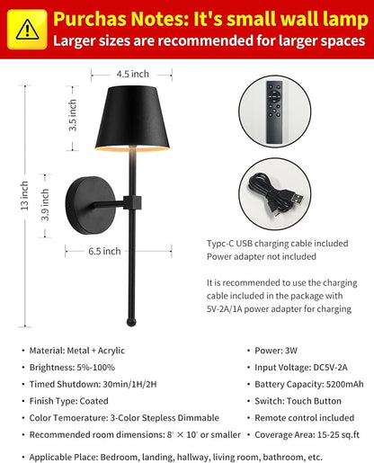 KDG Wireless Wall Sconces Set of 2, Small Cordless 5200mAh Rechargeable Battery - Image 5