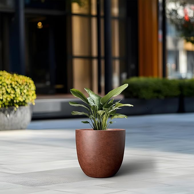 Kante 14 Inch Dia Round Concrete Planter, Indoor Outdoor Large Plant Pot with Drainage Hole and Rubber Plug for Home Patio Garden, Rusty