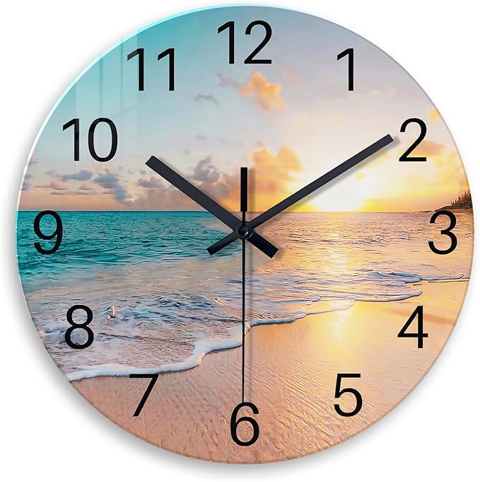 Beach Wall Clock Battery Operated 12 Inch Glass Wall Clock Non Ticking Analog by Constantplanet%E6%97%97%E8%88%B0%E5%BA%97