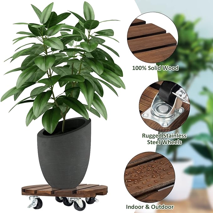 Yangbaga 2pack Plant Caddy 12’’Wood Duty Rolling Plant Stand with 2 360° Lockable Caster Wheels,Indoor Outdoor on Roller Patio/Flower Pot/Succulent Pots