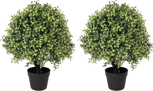 THE BLOOM TIMES 2ft Faux Boxwood Plants Outdoor Set of 2, Topiary Balls Artificial Outside Trees, 24" UV Resistant Fake Greenery Bushes & Shrubs for Front Porch Planter