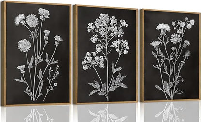 KISSFOX Framed Floral Botanical Canvas Wall Art Vintage Black Background Plant by KISSFOX