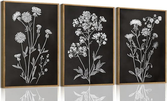 KISSFOX Framed Floral Botanical Canvas Wall Art Vintage Black Background Plant by KISSFOX
