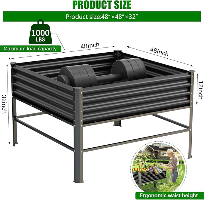 Raised Garden Bed with Legs, 48×48×32in Large Metal Elevated Raised Planter Box,1000lb Capacity with Drainage Holes for Vegetables Lawn Green Flowers, Fruits, Terrace