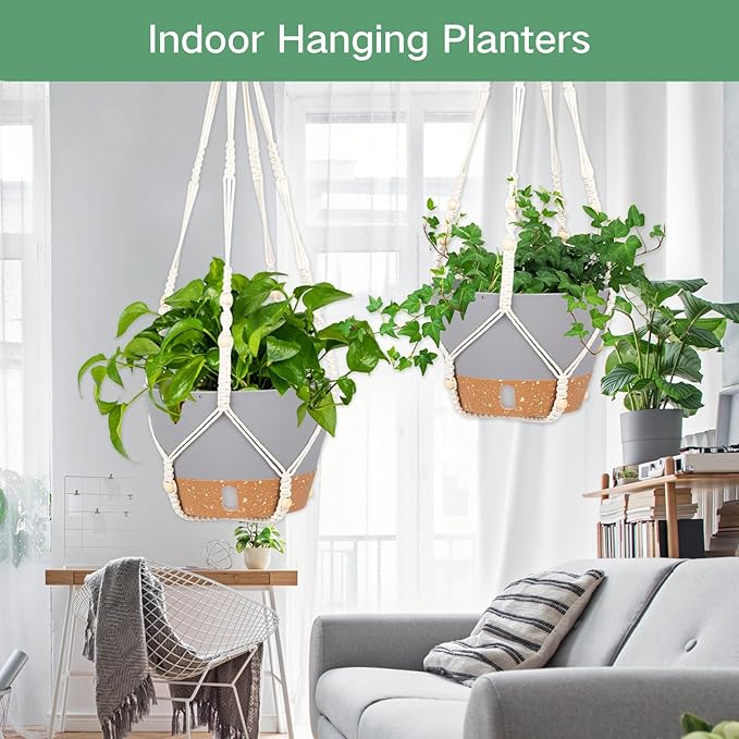 QCQHDU 2 Pack Hanging Planters for Indoor Plants, Outdoor Hanging Baskets, Self Watering Pots with Drainage Holes & Removable Tray (Light Grey, 8 inch, Macrame Hanger)