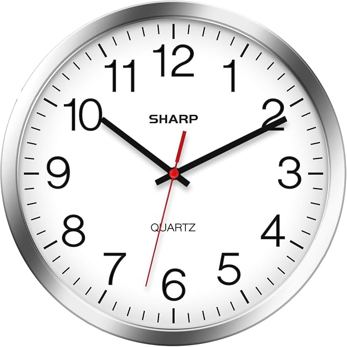 Sharp Wall Clock – Silver/Chrome, Silent Non Ticking 10 Inch Quality Quartz by SHARP