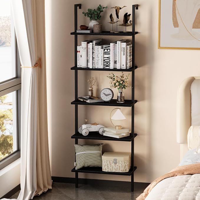 aboxoo Ladder Shelf Open 5-Tier Bookshelf Wall-Mounted Black Wood Bookcase - Image 2