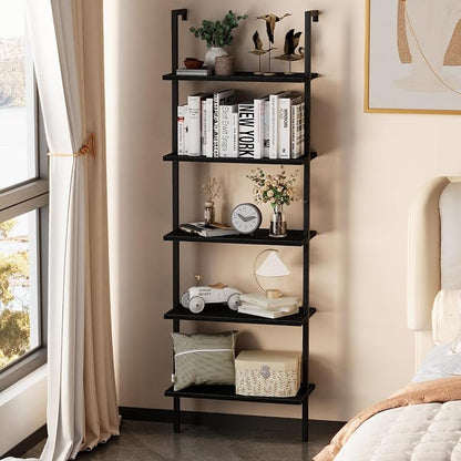 aboxoo Ladder Shelf Open 5-Tier Bookshelf Wall-Mounted Black Wood Bookcase - Image 2