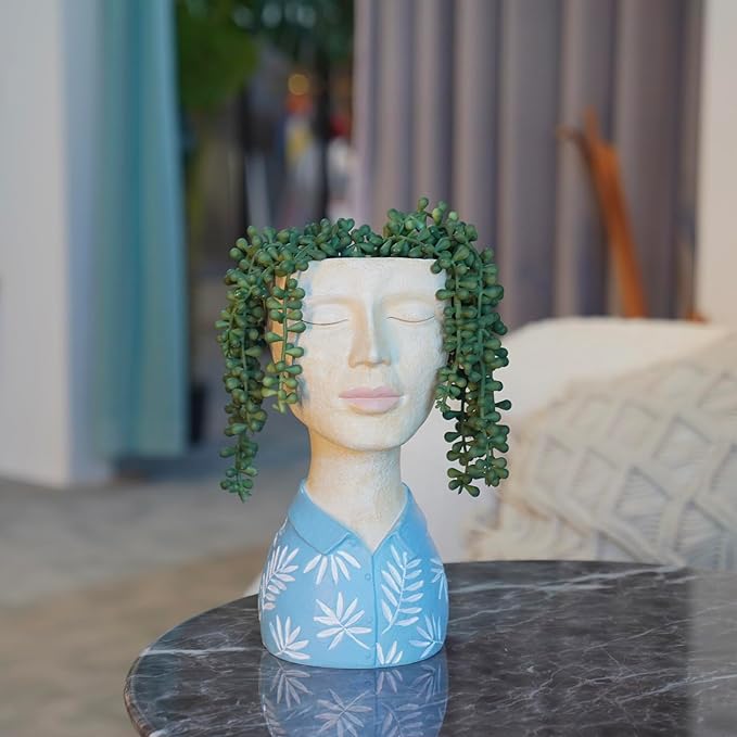DiliComing Face Planter Pot Head Planter - Unique Planters Resin Male Bust Outdoor Planter Blue Head Planters for Indoor Plants Flower Pot Planter with Face Cute Plant Pots 5 x 6 x 10.5 Inch