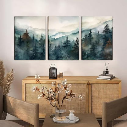 AKWISH Framed Green Forest Canvas Wall Art Set of 3, Boho Misty Watercolor Pine - Image 4