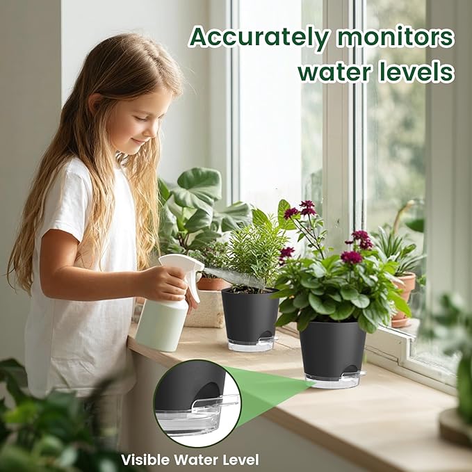 6 inch Self Watering Pots for Indoor Outdoor Plants, 3 Pack Flower Plant Pots with Drainage Holes and Clear Reservoirs, Visible Water Level, Plastic Planters with Wicking Rope, Black