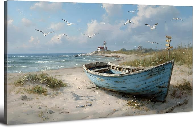 Beach Wall Art Coastal Wall Decor Nautical Ocean Canvas Picture Nature Boat by HOME