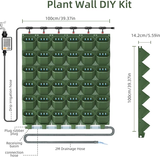 Self Watering Wall Mounted Vertical Planter, 36 Pots Wall Planter Indoor Vertical Living Green Plant Wall Easy Installation (Green with Timing System)