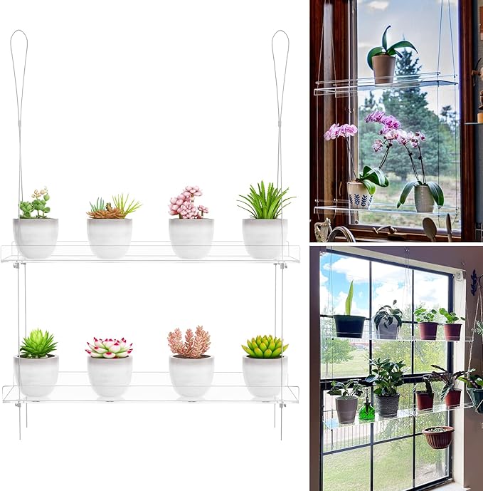 2-Tier Clear Hanging Window Plant Shelves 16inch,Indoor Windows Wall Hanging Plant Stand Flower Display,Flower Pot Organizer Storage for Window Grow Herbs,Microgreens,Succulents,Flower