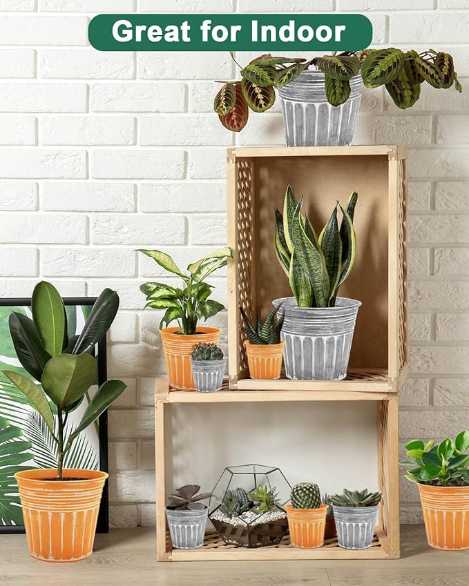 vensovo 7 Inches Orange Metal Rustic Flower Pots - 6 Pcs Medium Galvanized Planters with Drainage Hole and Rubber Plug, Rustproof Tin Bucket Plant Pot Farmhouse Vintage Style for Decor