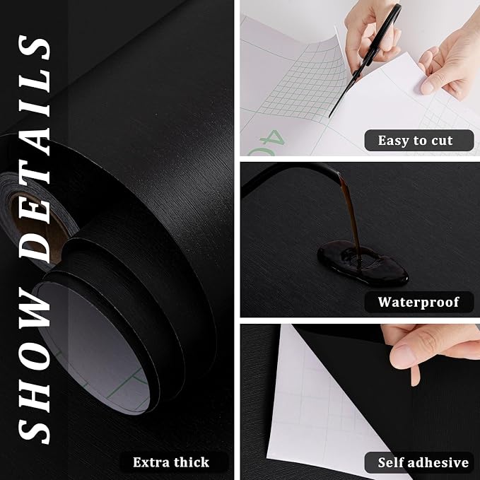 FUKU MON 23.6" X 393" Black Wallpaper Peel and Stick Contact Paper Solid - Image 2