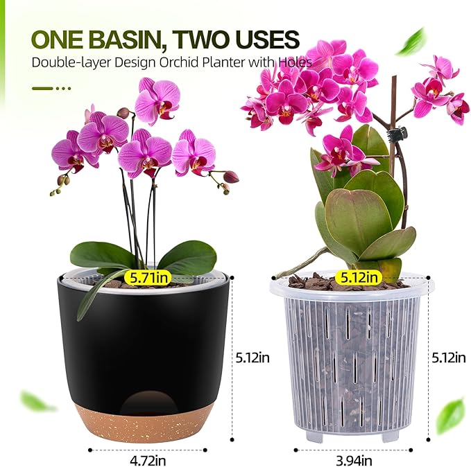 Self Watering Orchid Pots for Indoor Plants,5.8 Inch Macetas para Orqudeas,Flower Pots for Indoor Plants with Holes(Black)