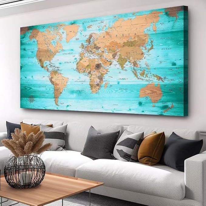 Large Wall Art Blue Painting Ready to Hang 40"x78"Large map of the world Framed by ZEYDRT