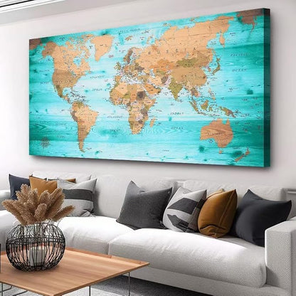 Large Wall Art Blue map of The World Painting Ready to Hang 36"x70"Large Framed by ZEYDRT