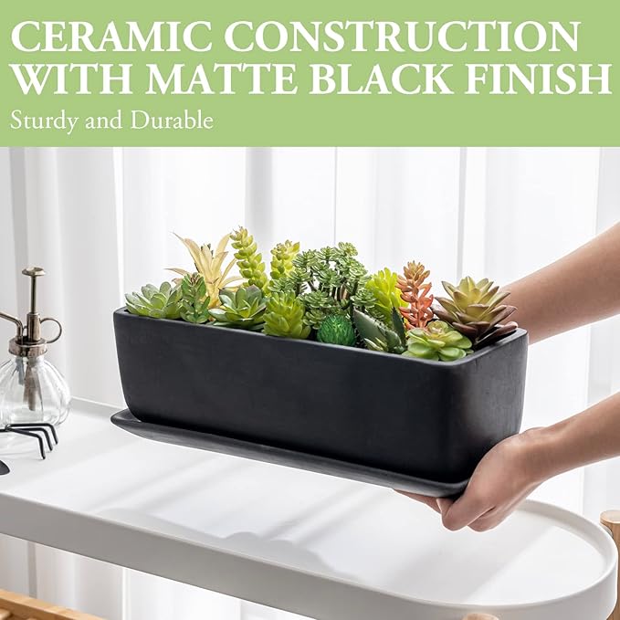 MyGift 14 Inch Matte Black Ceramic Indoor Plant Pot Succulent Planter, Decorative Flower Planter with Drainage Hole and Removable Tray