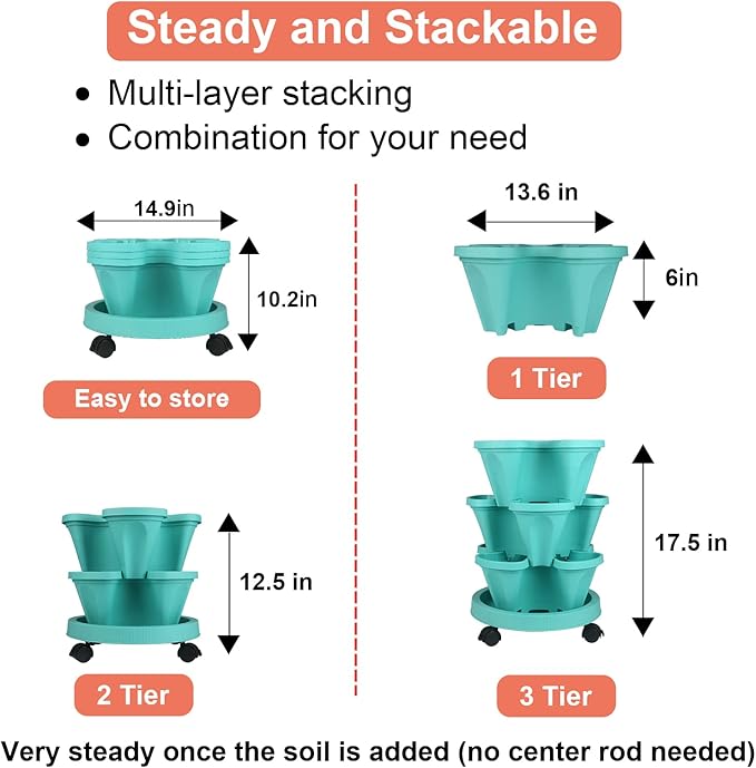Vertical Planter 3 Tier Stackable Planters Garden Planters Strawberry Herb Flower and Vegetable Planter Indoor Outdoor Gardening Pots with Removable Wheels and Tools
