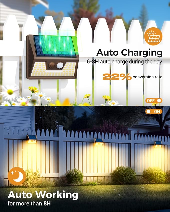 12 Pack Solar Fence Lights Waterproof, Motion Sensor Deck Lights Outdoor, Cold White LED Outside Lamp Wireless for Wall Yard Steps Stairs Garden - Brown