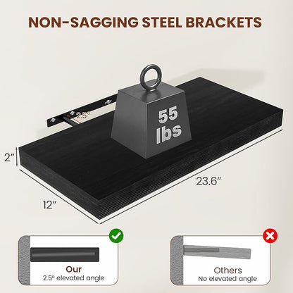 Black Floating Shelves for Wall 24 Inches Long, Heavy Duty Shelf for Bedroom - Image 3