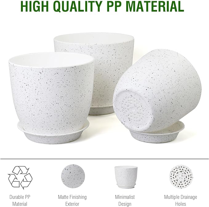 Large Flower Pots 12/10/9 inch, Set of 3 Modern Decorative Plastic Planters with Drainage Holes and Saucers for Garden House Plants, Plant Pots for Indoor Outdoor Plants, Speckled White