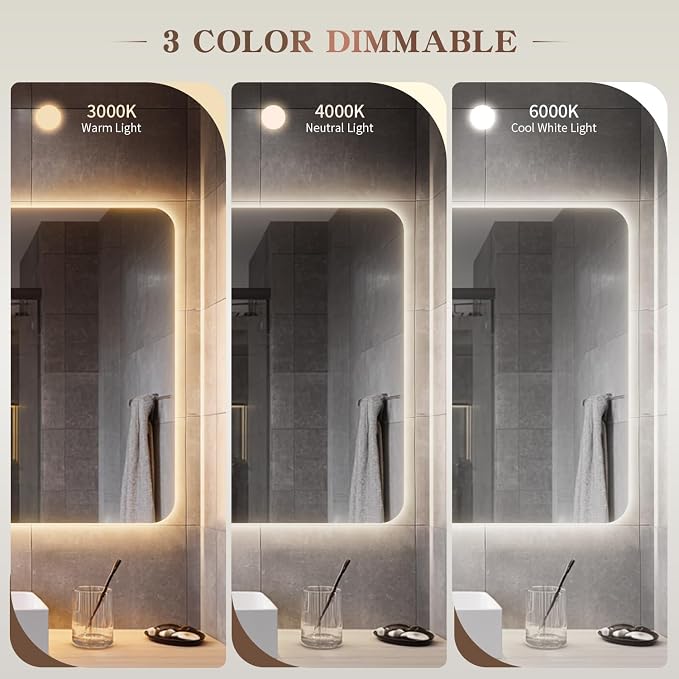 EOGOW Backlit Mirror for Bathroom, Stepless Dimmable, 3 Color Lights, High Lumen - Image 3
