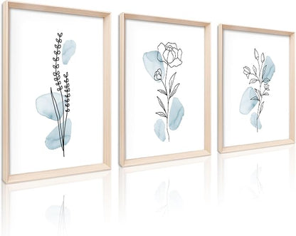 HesenDot Framed Blue Floral Canvas Wall Art, Minimalist Botanical Wall Art Decor by HesenDot