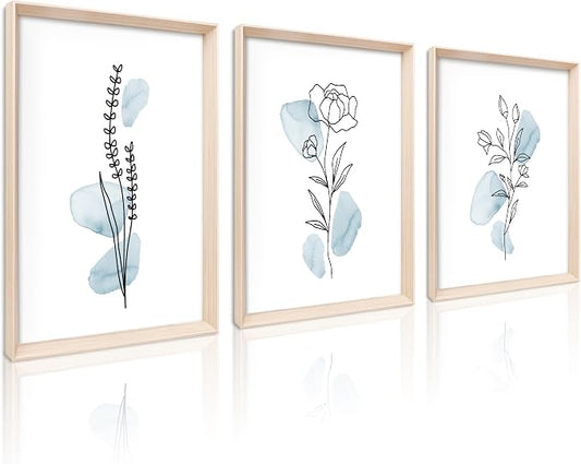 HesenDot Framed Blue Floral Canvas Wall Art, Minimalist Botanical Wall Art Decor by HesenDot
