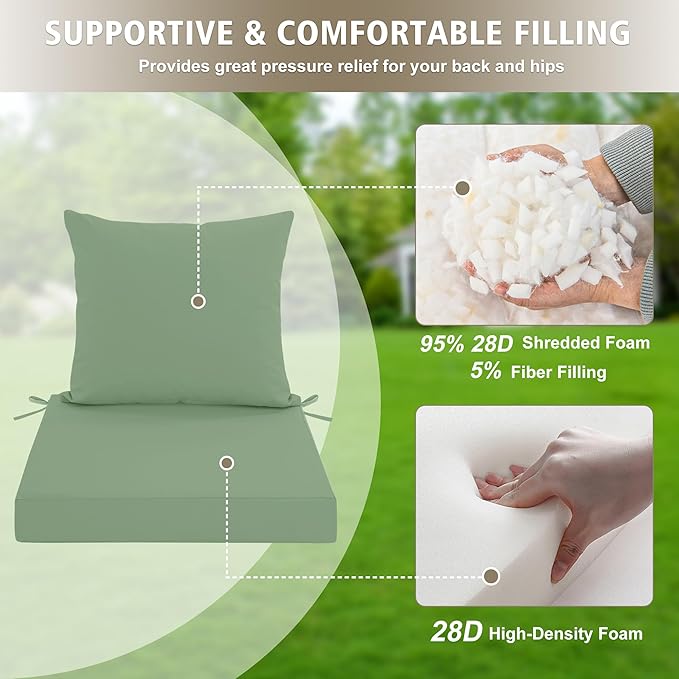 Outdoor Cushions for Patio Furniture, Waterproof Outdoor Chair Cushion w/Fade-Resistant, Removable & Machine-Washable Cover, 22x22 Inch, Deep Seat Sofa/Couch Pads Replacement, Sage Green