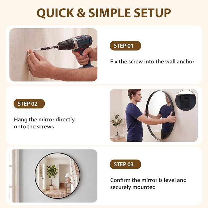 NEWBULIG 20-Inch Round Wall Mirror, Bathroom Wall Circle Mirror - Image 6