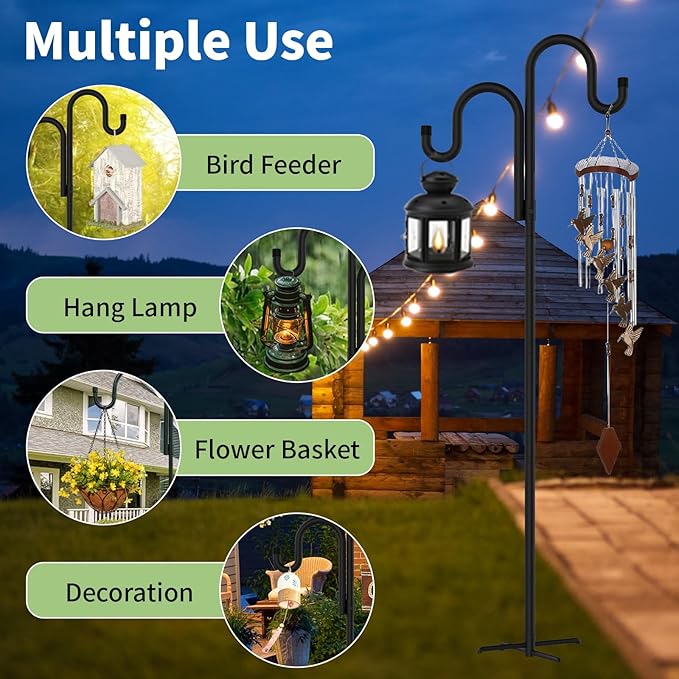 Double Shepherds Hooks for Outdoor, Bird Feeder Pole with 5 Prongs Base, Heavy Duty Garden Hook for Lantern, Wind Chime and Hummingbird Feeder, 45 Inch, 2 Pack