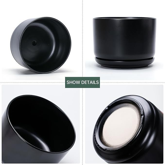Ton Sin Plant Pots, 4.1+5.1+6.5 inch, Set of 3, Ceramic Planters with Drainage Hole and Saucer, Indoor Flower Pot with Hole Mesh Pad, Gifts for Mom（Matte Black）