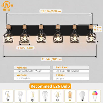 FadimiKoo 6-Light Farmhouse Bathroom Lighting Fixtures, Wood Black Vanity - Image 2