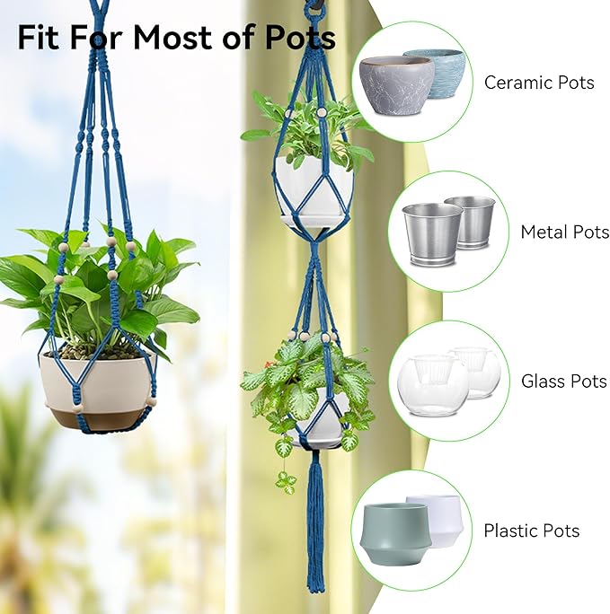 USLAI Macrame Plant Hanger Indoor Outdoor, Up to 4-15 inch Pot, Heavy 20lb Planters, Extra Long Strong Hanging Planter Basket Holder, Boho Home Decor, 35+49 Inch, Blue (POTS NOT Included)