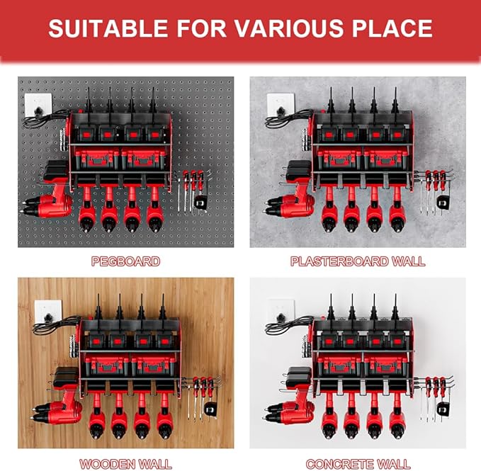 Power Tool Organizer with Charging Station, 6 Drill Holder Wall Mount, 3 Layer Garage Tool Organizer with Hooks, Screwdriver, Drill Bit Rack, Heavy Duty Utility Shelf for Garage, Gifts for Men