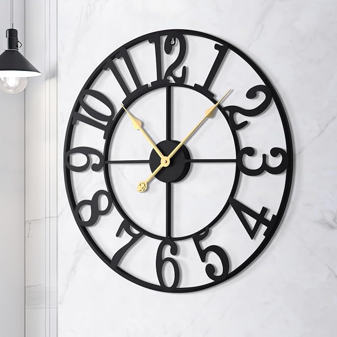 LEIKE Large Wall Clock, Battery Operated, Decorative Retro Black Metal Clock - Image 4