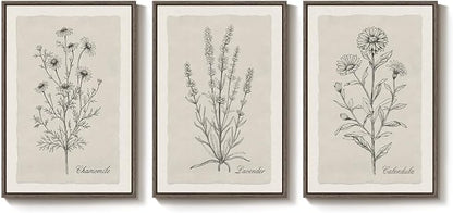 Framed Farmhouse Botanical Canvas Wall Art Set of 3, Large Vintage Neutral - Image 4