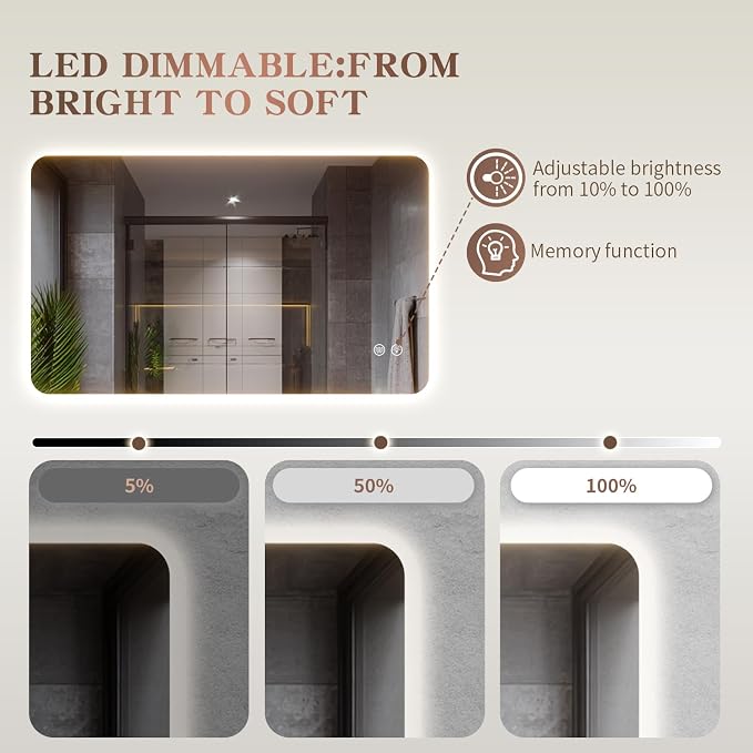 EOGOW Backlit Mirror for Bathroom, Stepless Dimmable, 3 Color Lights, High Lumen - Image 5